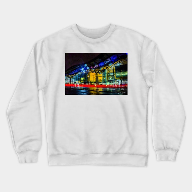 Tram rushing past Southern Cross Railway Station, Melbourne, Victoria, Australia. Crewneck Sweatshirt by VickiWalsh